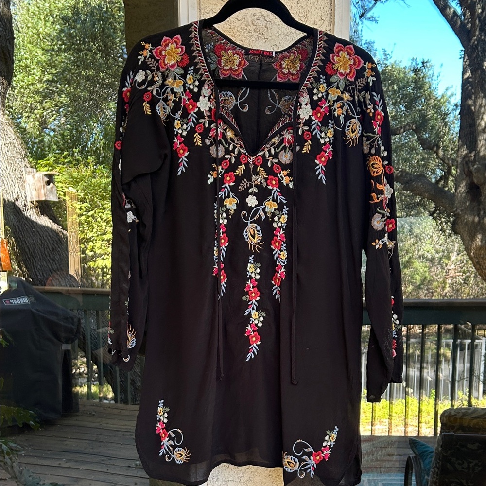 Johnny Was Black Blouse with Floral Embroidery